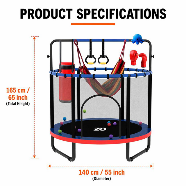 55-Zoll-5-in-1-Kindertrampolin mit Boxsack-Schaukelringen
